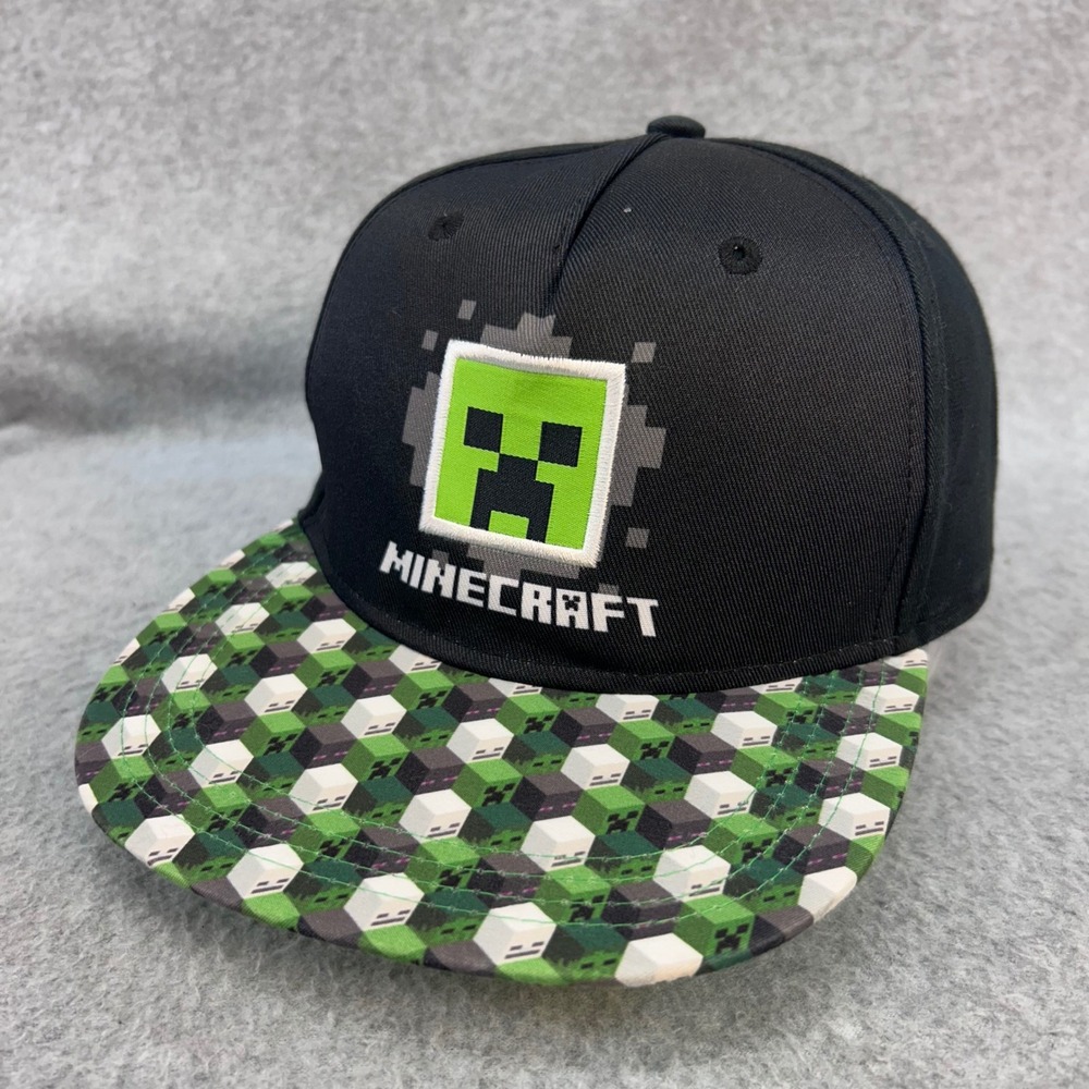 Minecraft Creeper Face Boys Black Hat Snapback Flat Brim OSFM